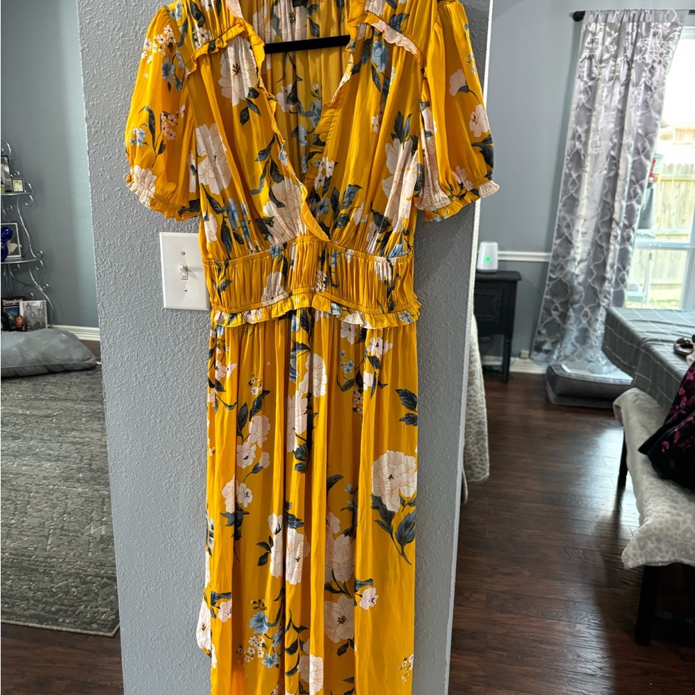Anthropologie Yellow Midi Dress with Flutter Sleeves and Plunge Neckline